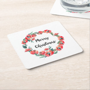 Dessous-de-verre Carré En Papier Joyeux Noël Rouge Floral Aquarelle Wreath