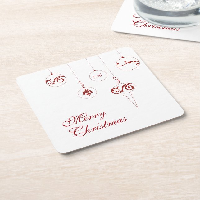 Dessous-de-verre Carré En Papier Joyeux Noël Rouge Monogramme Bauble Ornements (Incliné)