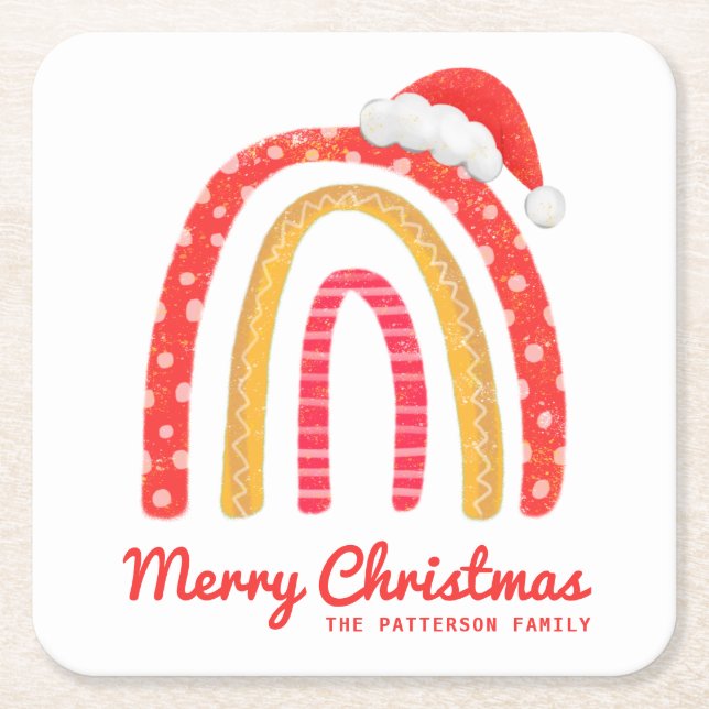 Dessous-de-verre Carré En Papier Joyeux Noël Santa Hat Rainbow Personnalisé (Devant)