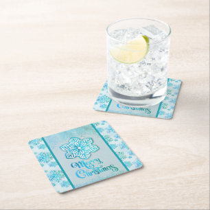Dessous-de-verre Carré En Papier Joyeux Noël Snowflakes Iridescente Blue