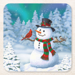 Dessous-de-verre Carré En Papier Joyeux Noël Snowman & Birds Winter Scene