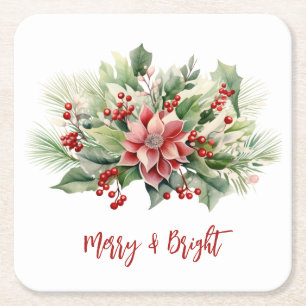 Dessous-de-verre Carré En Papier Joyeux Poinsettia Berries Noël
