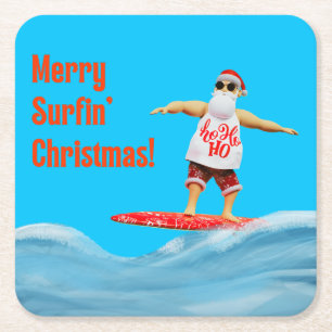 Dessous-de-verre Carré En Papier Joyeux Surfin' Christmas Père Noël sur Surfboard T