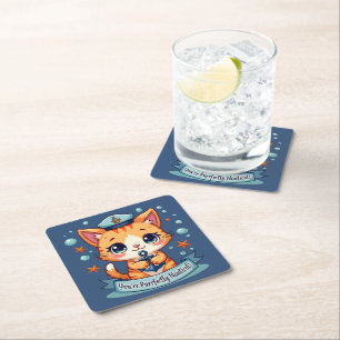 Dessous-de-verre Carré En Papier Kawaii Nautical Cat Ancre Pun