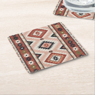 Dessous-de-verre Carré En Papier Kilim Tribal Sud-Ouest Géométrique en Terracotta