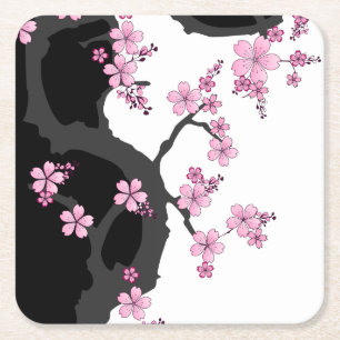 Dessous-de-verre Carré En Papier Kimono japonais Sakura noir et blanc
