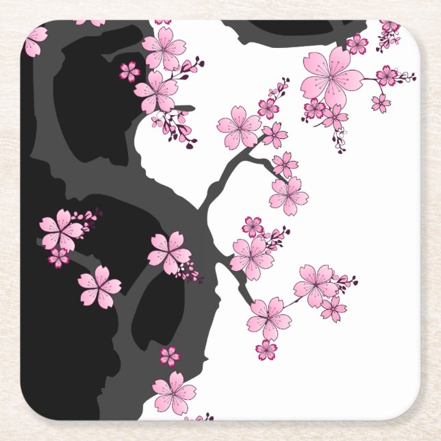 Dessous-de-verre Carré En Papier Kimono japonais Sakura noir et blanc (Devant)