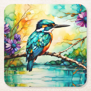 Dessous-de-verre Carré En Papier Kingfisher sur l'eau et les Fleurs sauvages
