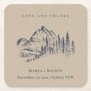 Dessous-de-verre Carré En Papier Kraft Navy Pine Woods Mountain Sketch Mariage
