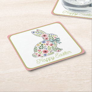 Dessous-de-verre Carré En Papier Lapin de Pâques aux fleurs sauvages roses et bleue