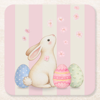 Dessous-de-verre Carré En Papier Lapin de Pâques de printemps et rayure d'œufs Papi