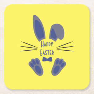 Dessous-de-verre Carré En Papier Lapin de Pâques Joyeuses Pâques Bleu et Jaune