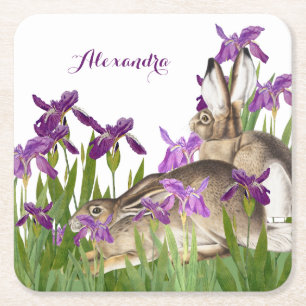 Dessous-de-verre Carré En Papier Lapin de Pâques personnalisé Iris Violet Floral