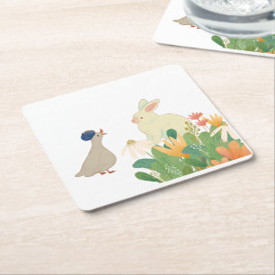 Dessous-de-verre Carré En Papier Lapin et Oiseau de Whimsical en Fleur - Plage de p