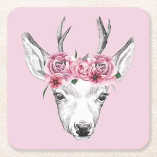 Dessous-de-verre Carré En Papier L'aquarelle fleurit des cerfs communs