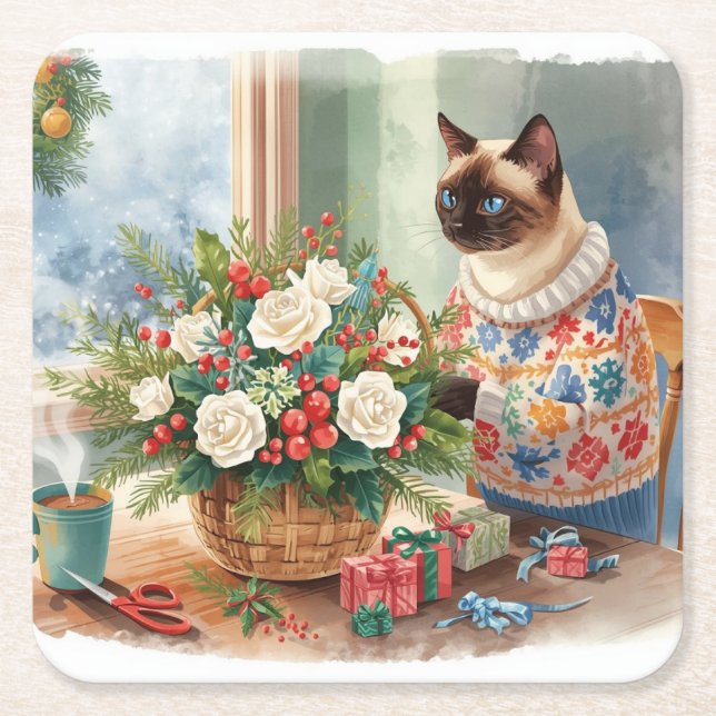 Dessous-de-verre Carré En Papier Le chat arrange des fleurs de Noël (Devant)