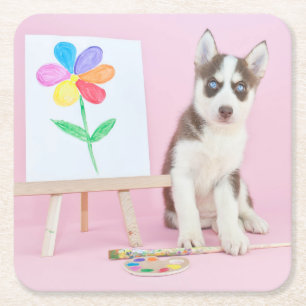 Dessous-de-verre Carré En Papier Le marionnettiste Husky Peint une fleur arc-en-cie