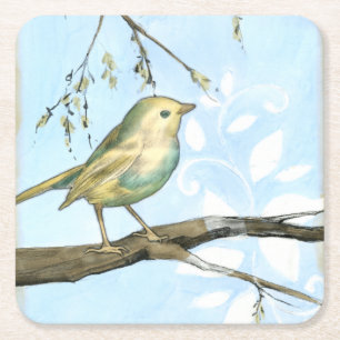 Dessous-de-verre Carré En Papier Le petit oiseau jaune était perché sur une branche