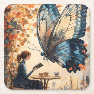 Dessous-de-verre Carré En Papier Lecture féminine avec papillon géant Art Abstrait