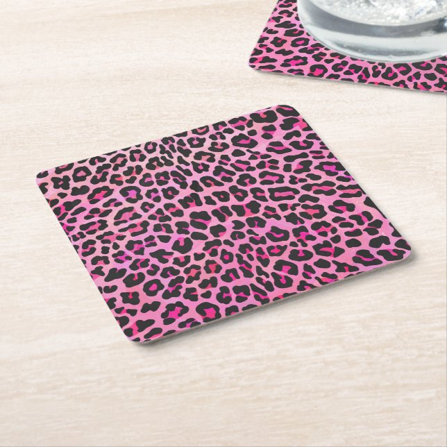 Dessous-de-verre Carré En Papier Léopard noir et rose chaud (Incliné)