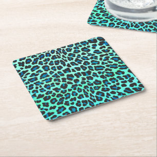 Dessous-de-verre Carré En Papier Léopard noir et Turquoise