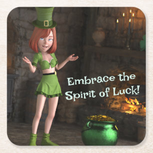 Dessous-de-verre Carré En Papier Leprechaun Toon Girl à côté du pot d'or