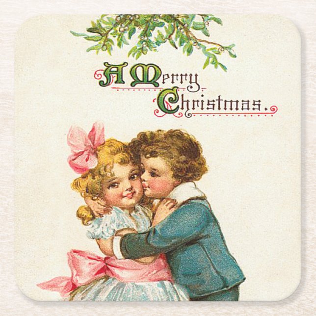 Dessous-de-verre Carré En Papier Les Enfants sous les fêtes de Mistletoe (Devant)