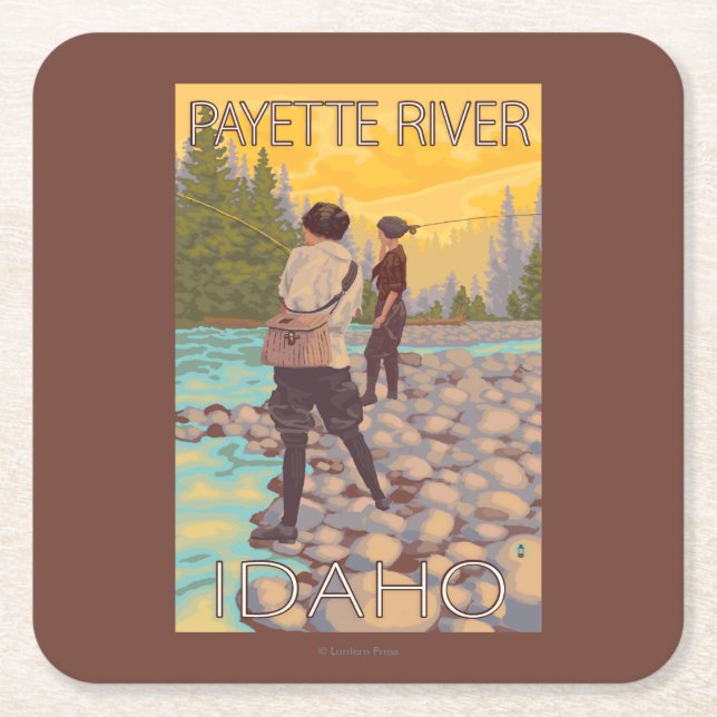 Dessous-de-verre Carré En Papier Les femmes pilotent la pêche - rivière de Payette, (Devant)
