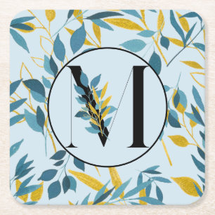 Dessous-de-verre Carré En Papier Lettre M d'or bleu Feuille moderne