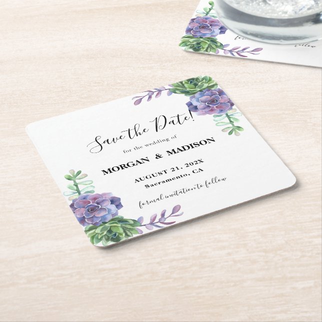 Dessous-de-verre Carré En Papier Lilac succulente mariage Sauvez la date (Incliné)