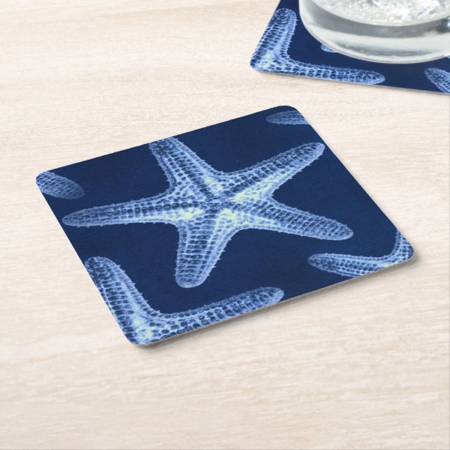 Dessous-de-verre Carré En Papier littoral chic plage rustique nautique bleu étoile (Incliné)