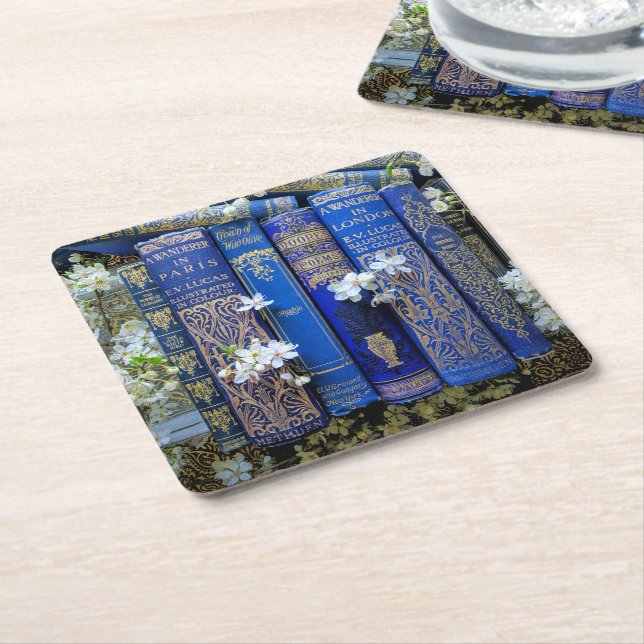 Dessous-de-verre Carré En Papier Livres bleus et fleurs (Incliné)
