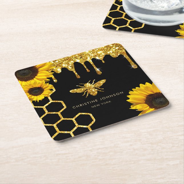 Dessous-de-verre Carré En Papier logo abeille et tournesol (Incliné)