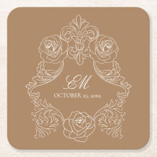 Dessous-de-verre Carré En Papier Logo du Mariage Monogram Crest Brown doré