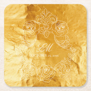 Dessous-de-verre Carré En Papier Logo du Mariage Monogram Crest Vintage Gold Textur