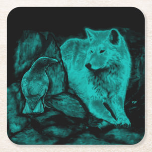 Dessous-de-verre Carré En Papier Loup et corbeau dans la nuit