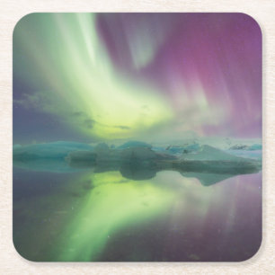 Dessous-de-verre Carré En Papier Lumières d'Aurora dans la lagune Jokulsarlon, Is