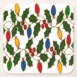 Dessous-de-verre Carré En Papier Lumières de Noël et houx en cloisonné Art