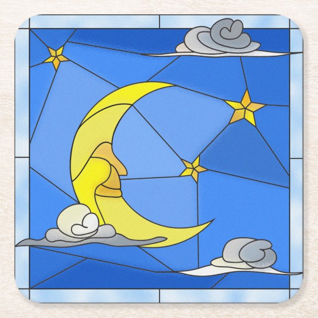 Dessous-de-verre Carré En Papier Lune en verre tendu, étoiles et nuages (Devant)