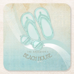 Dessous-de-verre Carré En Papier Lunettes de soleil et tongs Beach House Aqua ID623