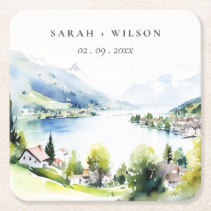 Dessous-de-verre Carré En Papier Lungern Suisse Paysage aquarelle Mariage