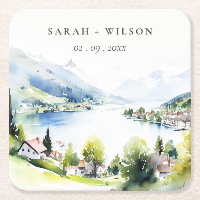 Dessous-de-verre Carré En Papier Lungern Switzerland Watercolor Landscape Wedding (Devant)