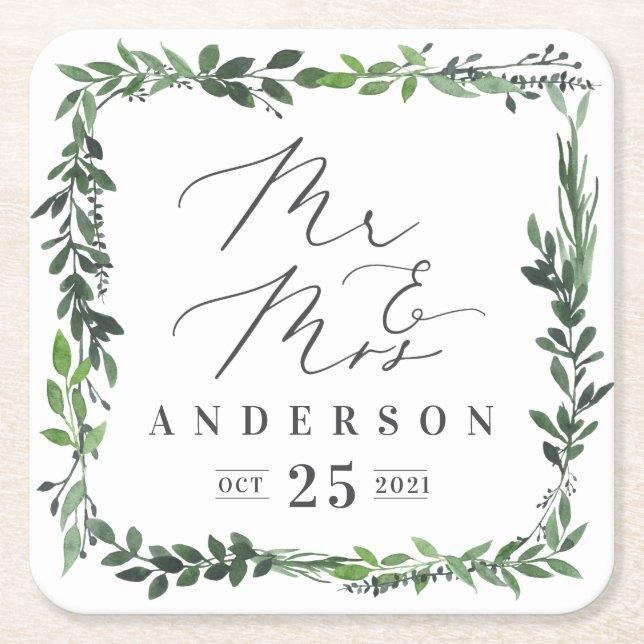 Dessous-de-verre Carré En Papier M. & Mme. aquarelle feuillue élégante (Devant)