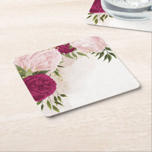 Dessous-de-verre Carré En Papier magenta et fleurs roses verdure mariage