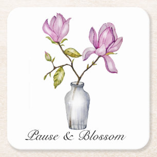 Dessous-de-verre Carré En Papier Magnolia Rose Élégant Aquarelle dans un Vase en Ve