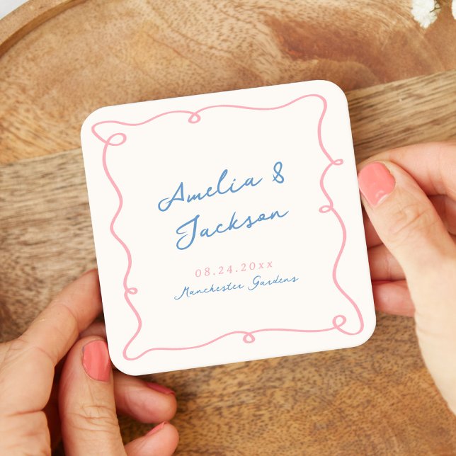 Dessous-de-verre Carré En Papier Main Whimsical tirée rose et Mariage bleu (Créateur téléchargé)