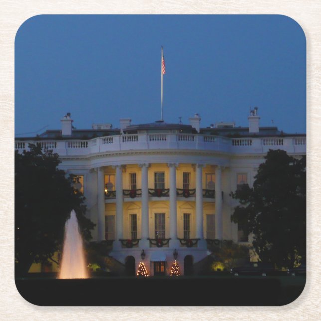 Dessous-de-verre Carré En Papier Maison Blanche de Noël à la nuit à Washington DC (Devant)