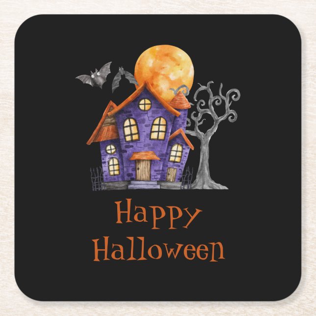 Dessous-de-verre Carré En Papier Maison hantée personnalisée Joyeux Halloween (Devant)