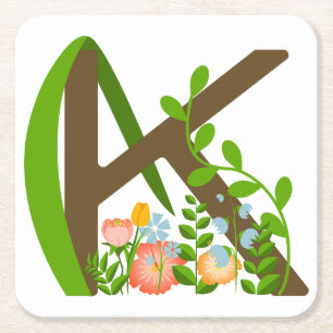 Dessous-de-verre Carré En Papier Majuscule K monogramme floral