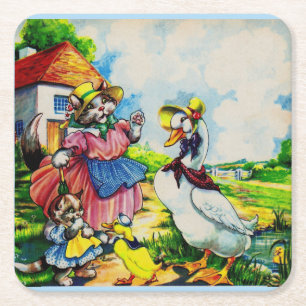 Dessous-de-verre Carré En Papier mama kitty cat et baby kitty visit canards dans le
